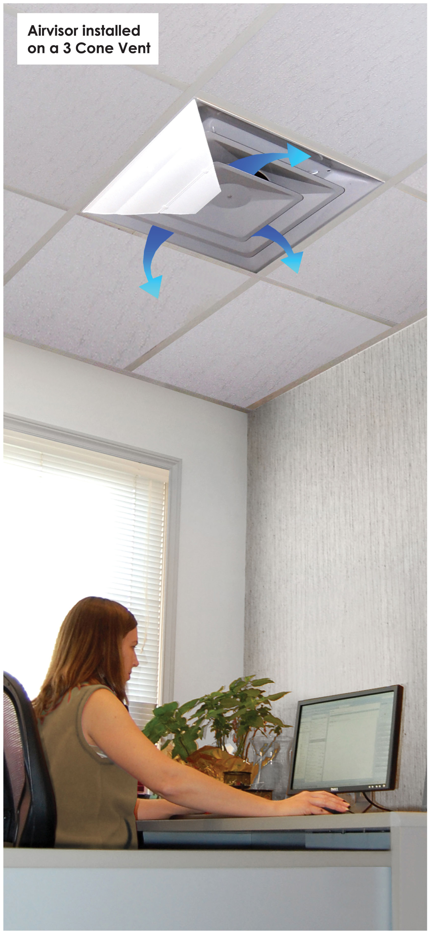 Airvisor air deflector installed to 3 cone ceiling vent in workplace office